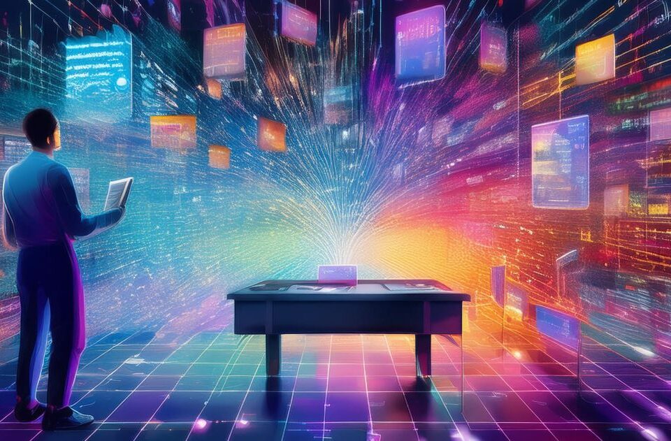 Eine futuristische Darstellung von einem Tisch, von dem aus viele verschiedene Lichtstränge ausgehen, undeutlcihe Screenshots im Hintergrund, eine Person, die auf die Lichtstränge und Screenshots schaut